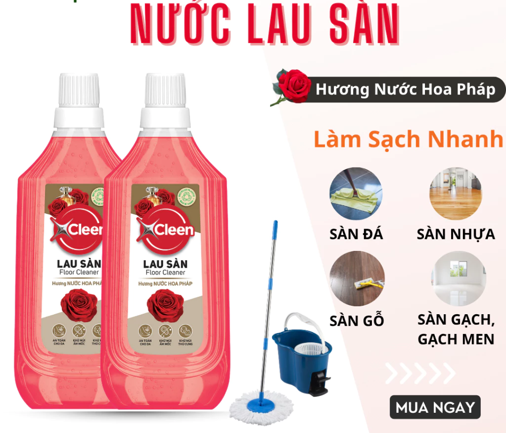  Nước Lau Sàn Đậm Đặc 1L XCleen - Hương Nước Hoa Pháp - Thơm Lâu - Siêu Tiết Kiệm - Khử Mùi 