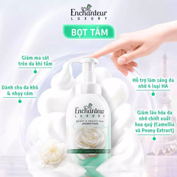  Gel/Bọt Tắm Cao Cấp Enchanteur Luxury Dưỡng Da Sáng Mịn Chứa Chiết Xuất Hoa Trà/ Hoa Mẫu Đơn + 4D Hyaluronic Acid 400-450ml 