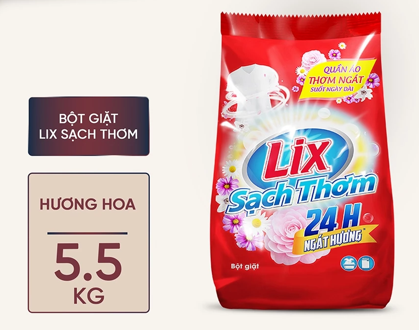  Bột giặt Lix Sạch Thơm hương hoa khử mùi hôi, ẩm mốc dùng cho giặt tay và giặt máy 2-5.5kg 