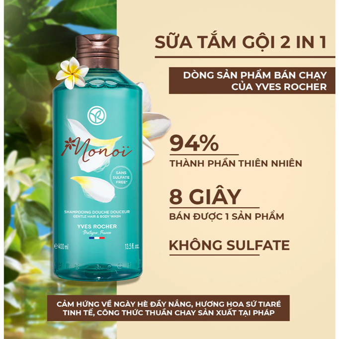  Sữa tắm gội dịu nhẹ 2 trong 1 hương hoa Tiaré Yves Rocher Monoi 400ml 