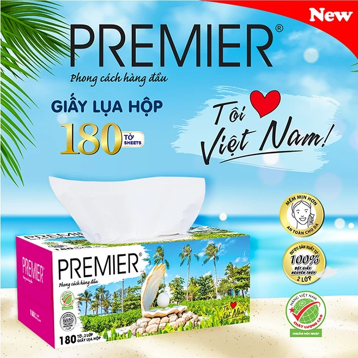  Khăn giấy lụa đa năng PREMIER Tôi Yêu Việt Nam, 2 lớp – 100% bột giấy nguyên sinh, không chất tẩy, 180 tờ/hộp 