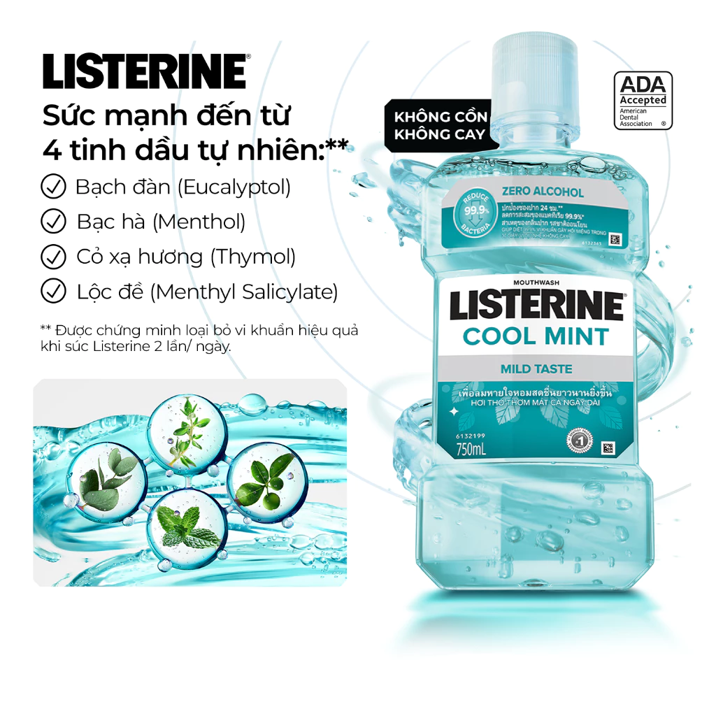  Nước Súc Miệng Listerine Không Cay Giúp Hơi Thở Thơm Mát - Cool Mint Zero Alcohol 750ml 