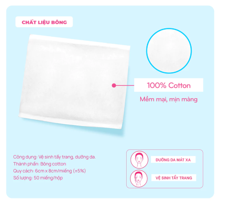  Bông Tẩy Trang Cotton POP-PUF Mềm Mịn, Có Thể Tách Lớp  50 Miếng/Hộp, 6*8cm/Miếng 