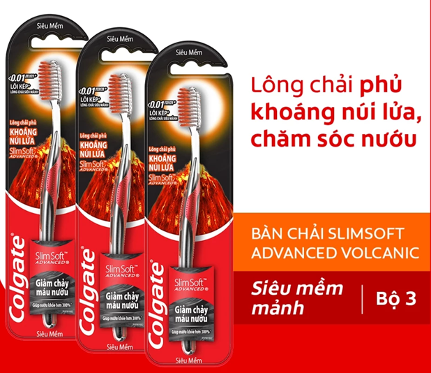  Bàn chải Colgate SlimSoft Advanced ngăn chảy máu nướu khoáng núi lửa siêu mềm mảnh 