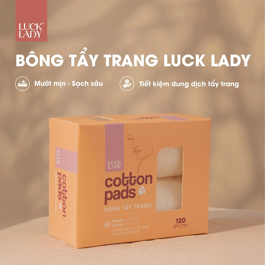  Bông tẩy trang Luck Lady dạng hộp 120 miếng,kích thước bông 58mm,mềm mịn,làm sạch da,an toàn cho da,skincare 