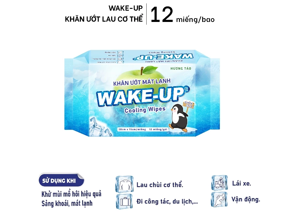  Khăn ướt mini tiện lợi WAKE-UP 12 miếng/gói 3 gói/lốc - mát lạnh khử mùi dễ mang theo khi đi du lịch, thể thao 