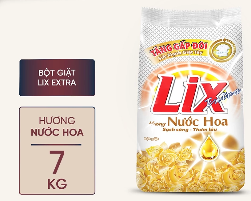  Bột giặt Lix Extra hương nước hoa tăng gấp đôi sức mạnh giặt tẩy quần áo sạch thơm lâu cho giặt tay, máy  5.5-7kg 