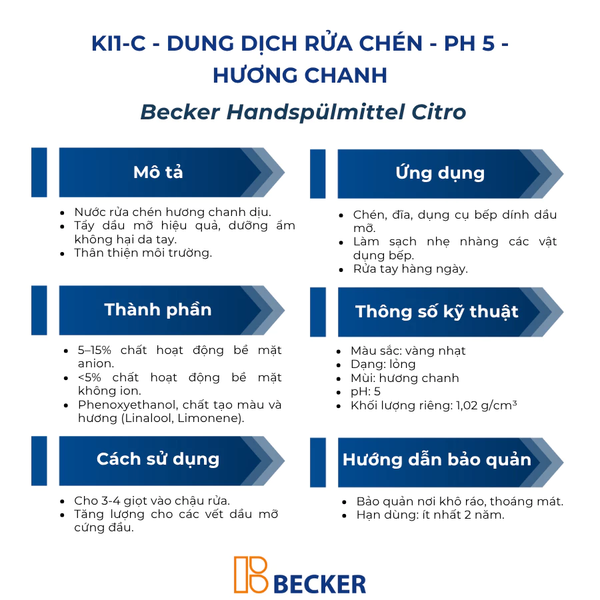  Nước rửa chén hương chanh Becker KI1-C - pH 5 - Dịu nhẹ da tay, tiết kiệm nước (Nhập khẩu Đức) 