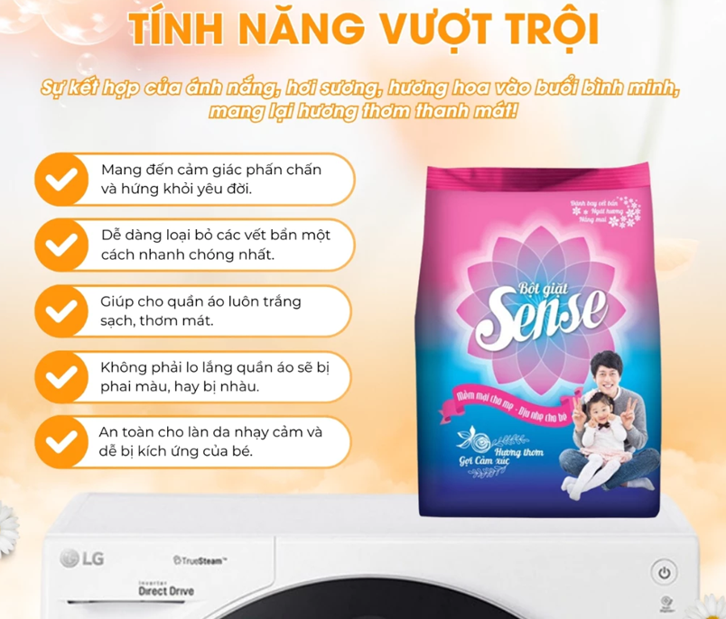  Bột Giặt SENSE Hương Hoa Thơm Ngọt Ngào Giúp Quần Áo Trắng Sạch Không Phai Màu An Toàn Cho Da Nhạy Cảm 800 g 
