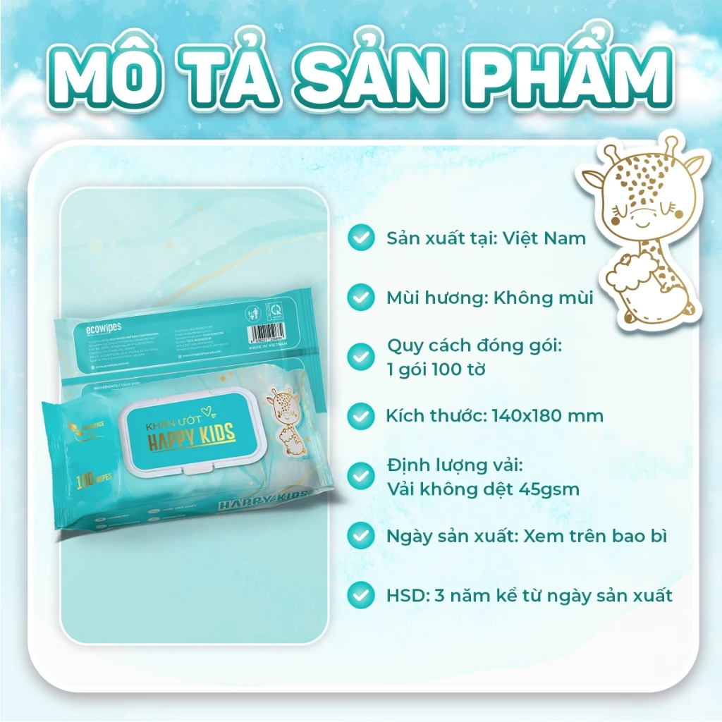  Khăn giấy ướt cao cấp Happy Kids gói 100 tờ không mùi 