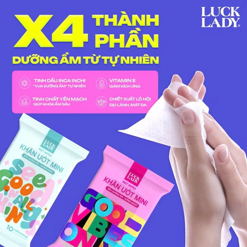  Khăn ướt mini LUCK LADY không mùi túi 6 gói (gói 10 miếng) Màu ngẫu nhiên 