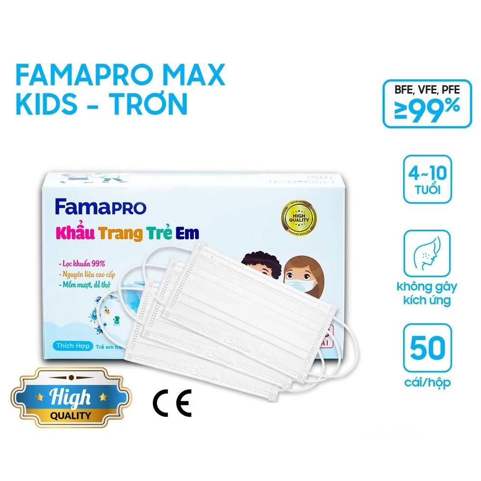  Khẩu trang y tế trẻ em 3-4 lớp Famapro MAX KIDS 50 cái/hộp (bé 15-30kg) 
