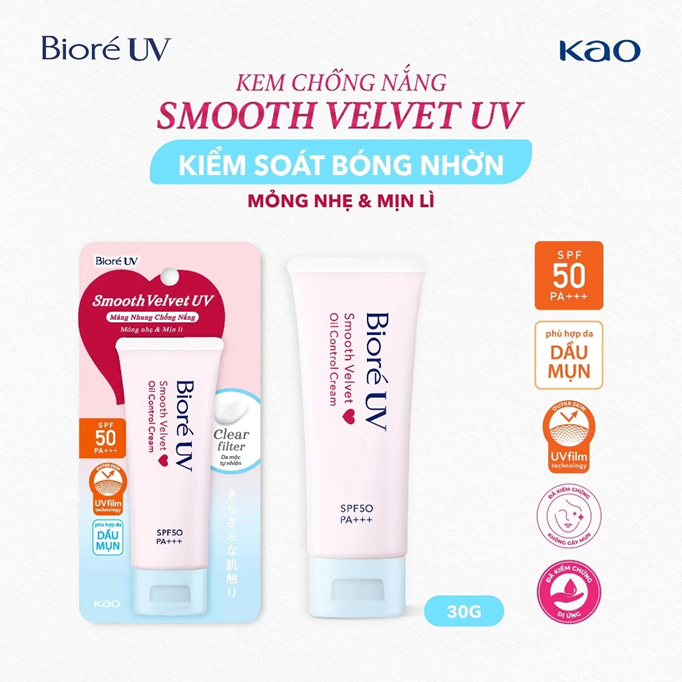  Kem chống nắng kiềm dầu Biore UV màng nhung kiểm soát bóng nhờn SPF50+ PA+++ 30g 