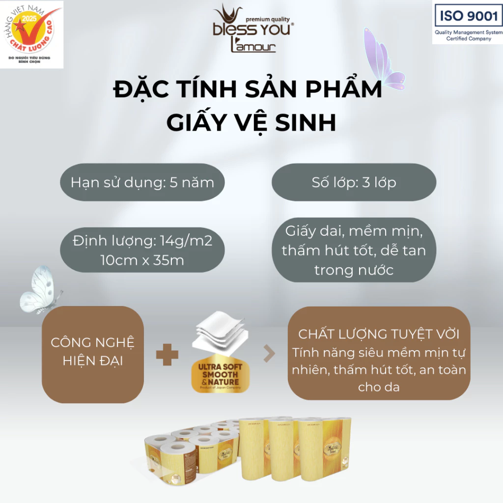  Giấy vệ sinh Bless You Lamour (9 cuộn/ lốc) 
