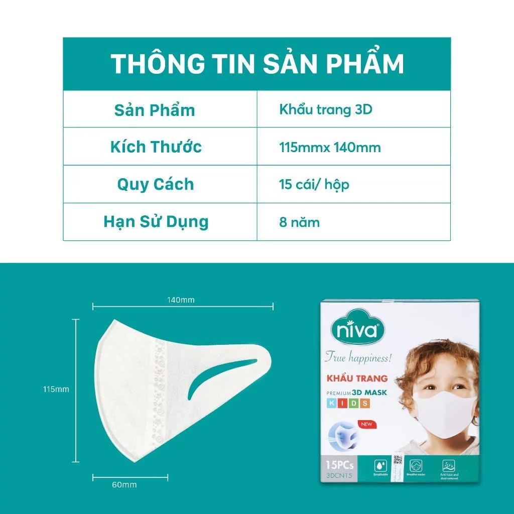  Khẩu Trang 3D Trẻ Em NIVA Hộp 15 Cái Cấu Trúc 3 Lớp Ngăn Bụi Mịn Kháng Khuẩn Cao Cấp Cho Bé Từ 1-6 Tuổi 