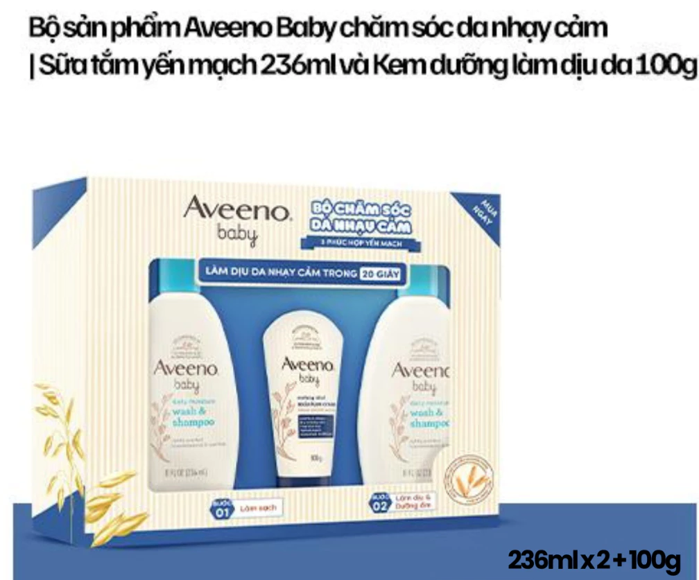  Bộ Dự Sinh Aveeno Baby - Sữa Tắm Yến Mạch 236ml x2, Kem Dưỡng Ẩm Tức Thì 100g 