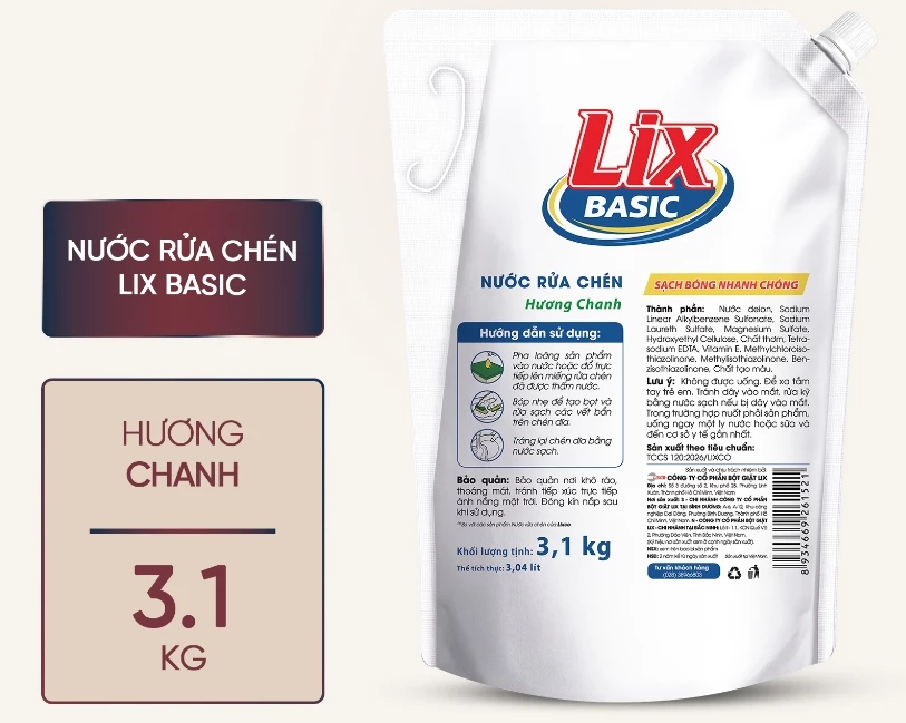  Nước rửa chén Lix Basic hương chanh 3.1kg 