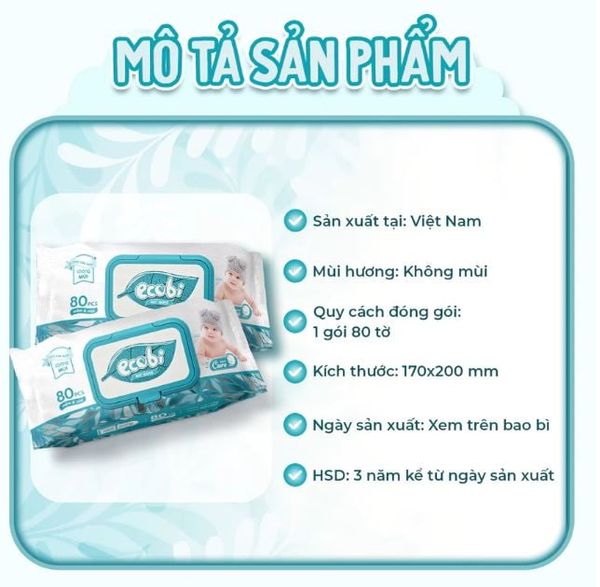  Khăn ướt cao cấp Ecobi gói 80 tờ không mùi 