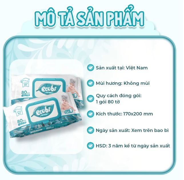  Khăn ướt cao cấp Ecobi gói 80 tờ không mùi 
