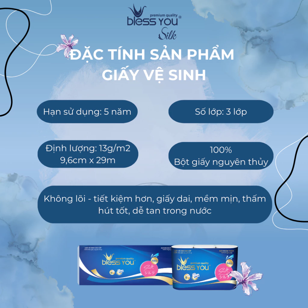  Giấy vệ sinh Bless You Silk 10 không lõi (10 cuộn/ lốc) 