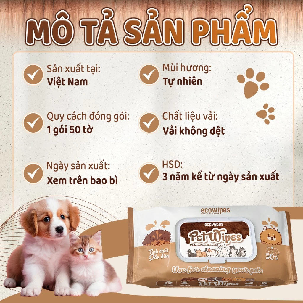  Khăn ướt vệ sinh thú cưng Pet EcoWipes gói 50 tờ hương tự nhiên 