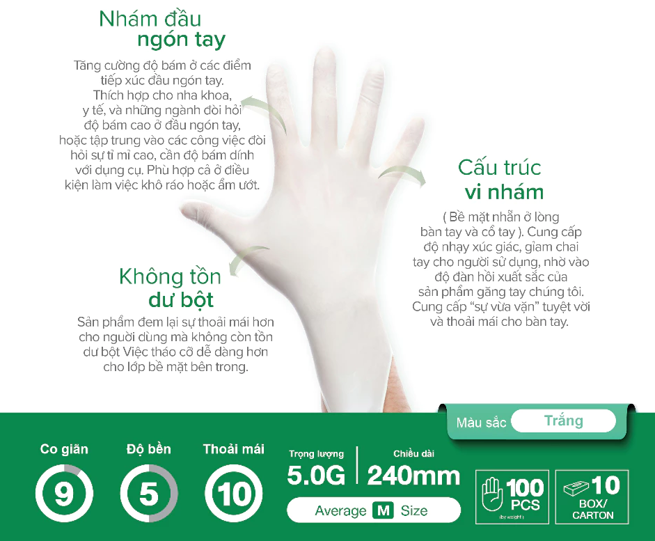  Găng tay y tế Sgloves Latex KHÔNG BỘT 5.0g 100 chiếc/hộp 