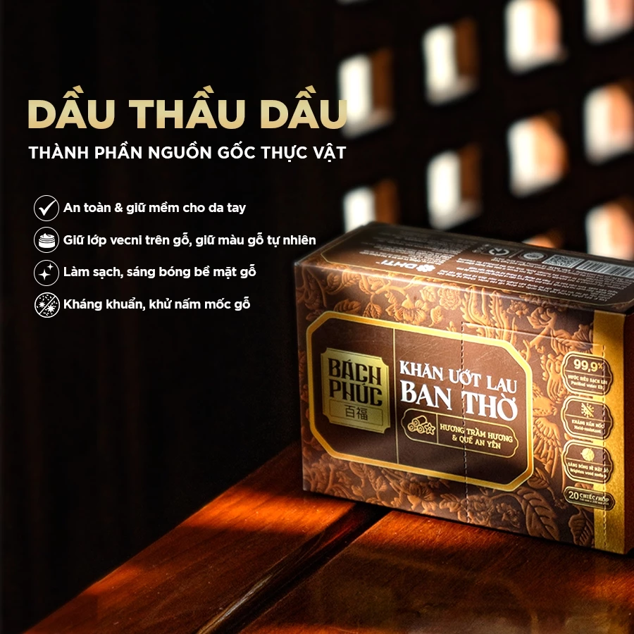  Khăn ướt lau ban thờ Bách Phúc 20 chiếc/hộp, bao sái ban thờ, nguồn gốc thực vật, hương trầm, quế 