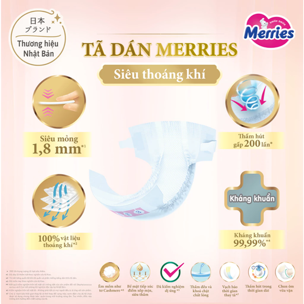  Tã Dán Merries Siêu Thoáng Khí Size NB - 62 miếng (dành cho bé dưới 5kg) 