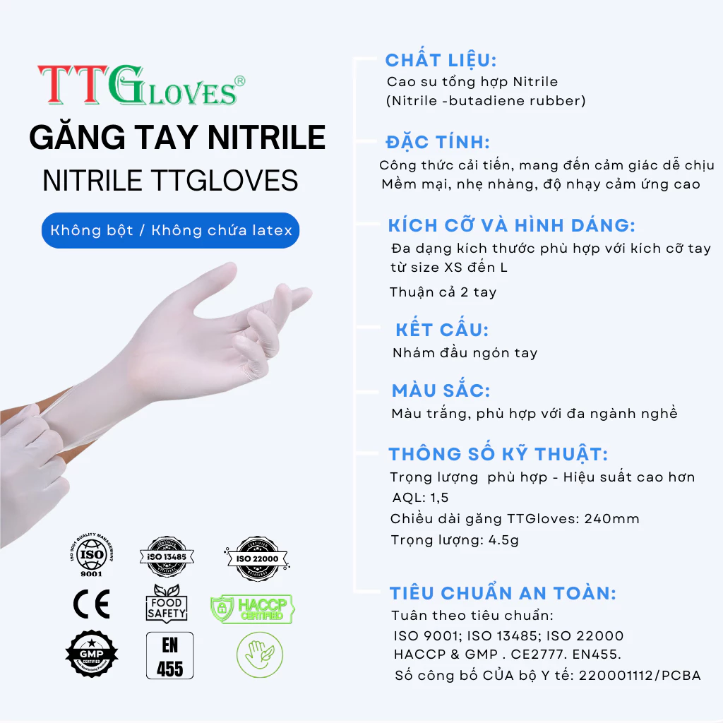 Găng Tay Cao Su Y Tế TTGLOVES Không Bột Nitrile Màu Trắng Siêu Bền 4.5gr (Hộp 100 Chiếc) 