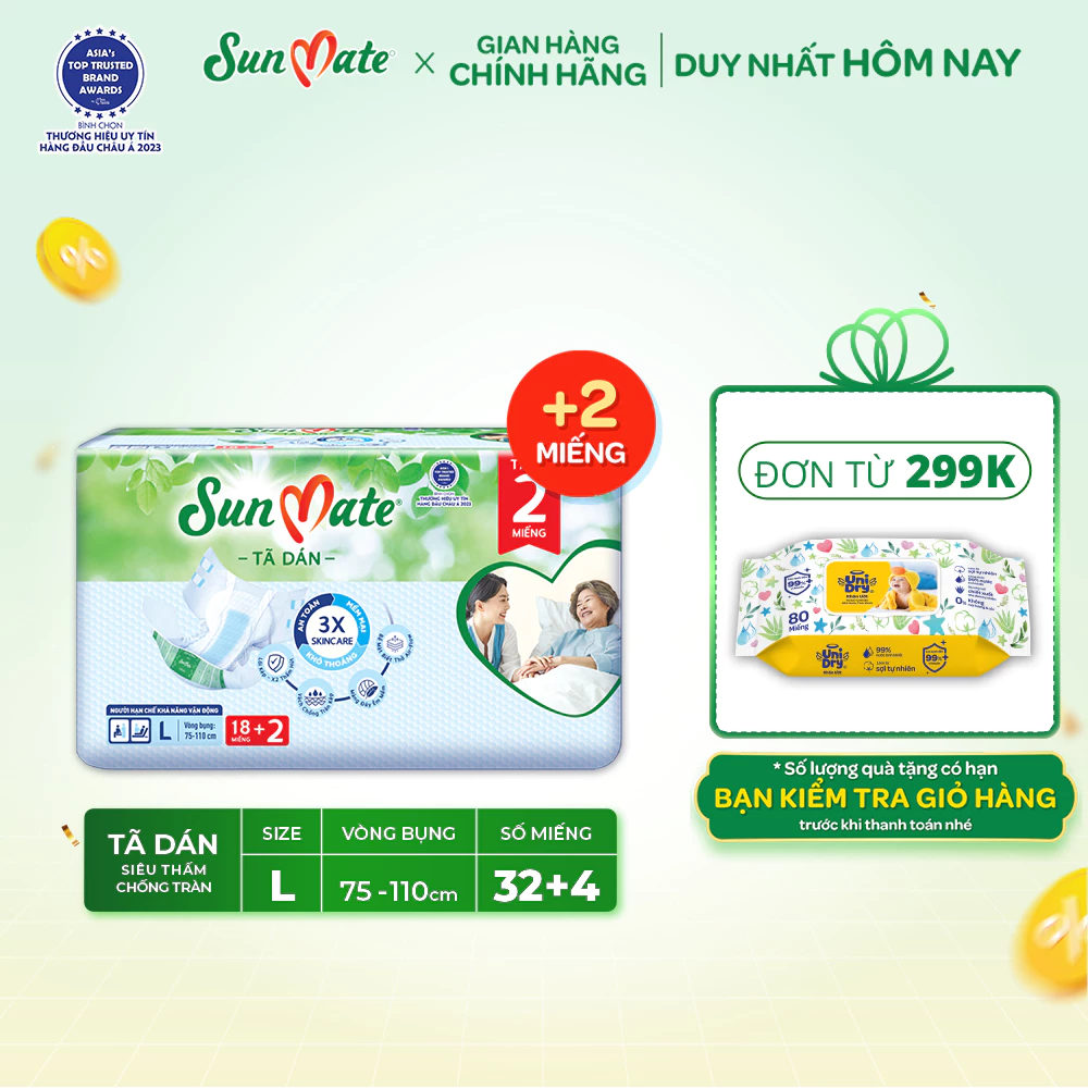  Tã dán người lớn SunMate M18/L18/XL18 + 2 miếng 