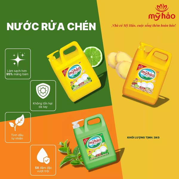  Nước Rửa Chén An Toàn Cho Da Và 5X Đậm Đặc Mỹ Hảo Khử Sạch Mùi Tanh Can Vòi Bơm 3KG 