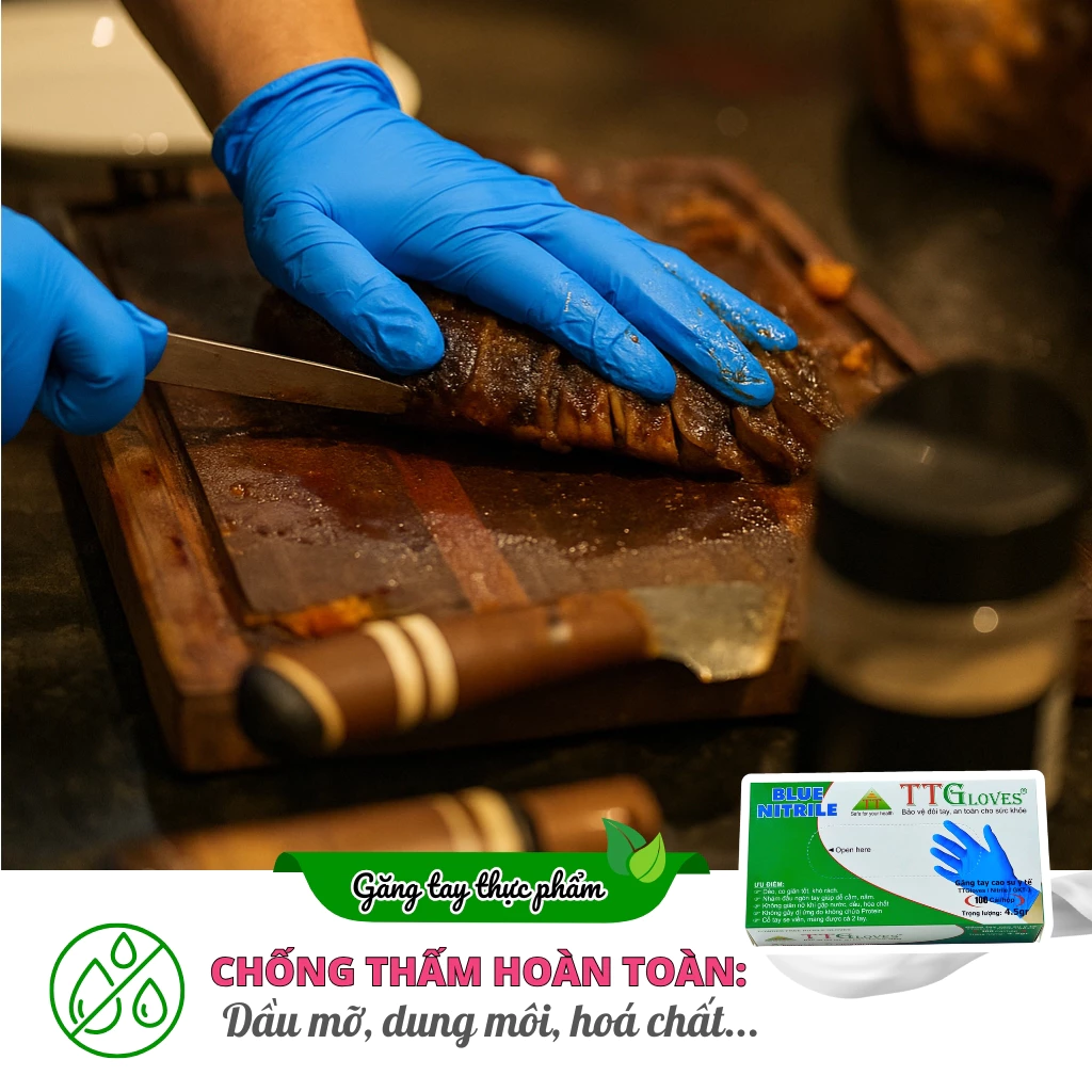 Găng Tay Nấu Ăn Kitchen And Food TTGLOVES Nitrile Không Bột Màu Xanh 4.5gr (Hộp 100 Chiếc) 