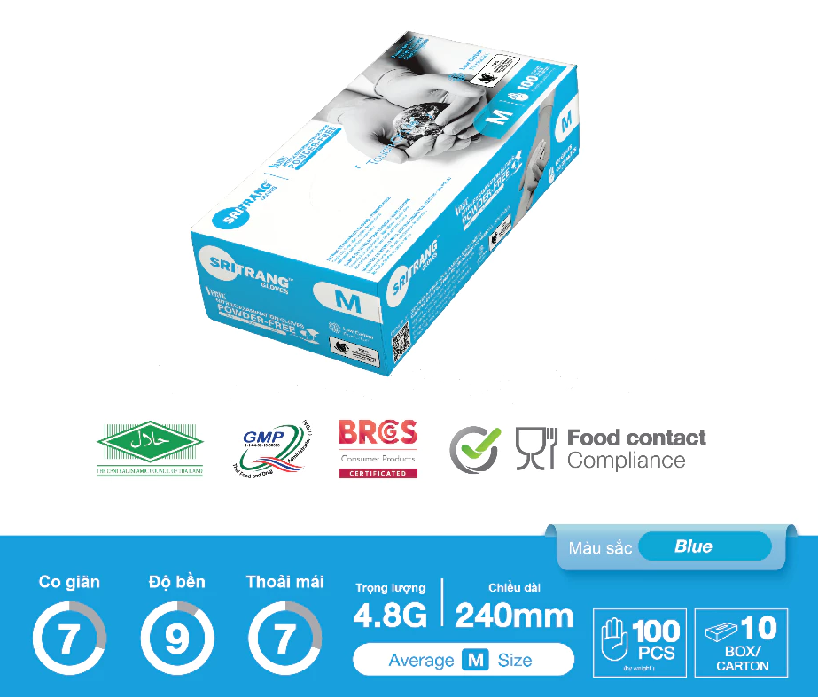  Găng tay y tế Không Bột MÀU XANH Sri Trang NITRILE VERVE 4.8g 100 chiếc/hộp 