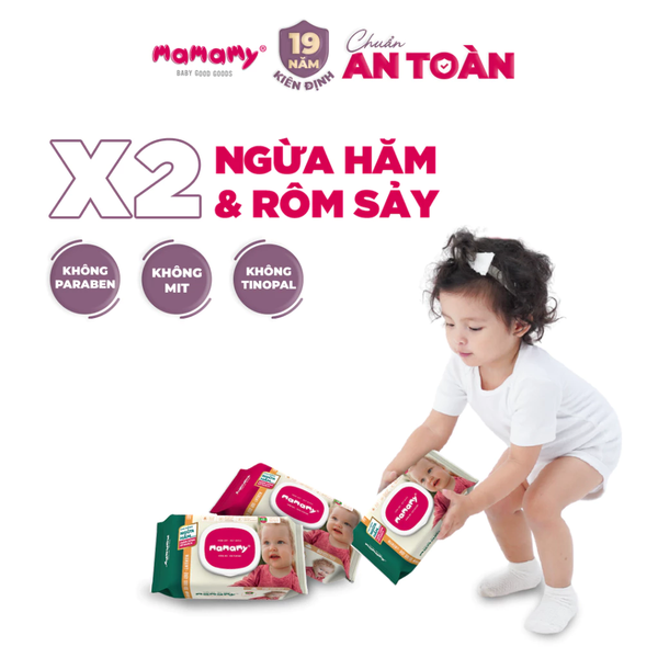  Khăn ướt cao cấp cho bé Mamamy gói 100 tờ gấp đôi ngừa hăm và rôm sẩy, mềm dai sạch sẽ 