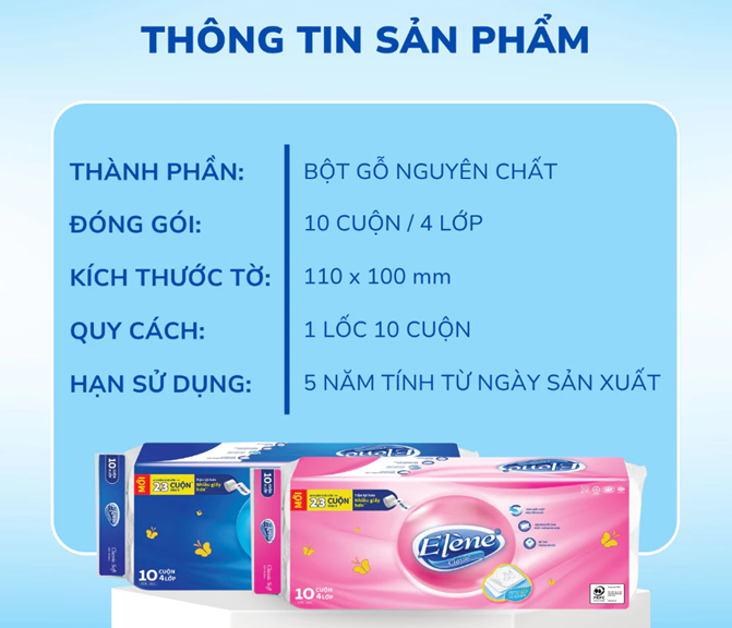  Giấy Vệ Sinh Elene 10 Cuộn 4 Lớp Cao Cấp, Mềm Mịn, An Toàn, Tan Ngay Trong Nước (Có Lõi/Không Lõi) 