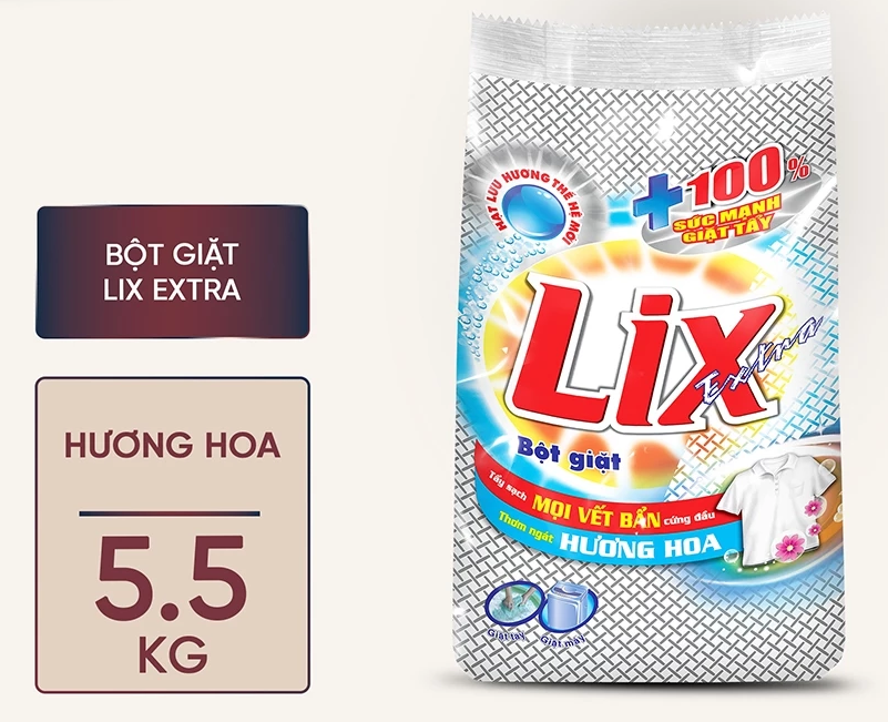  Bột giặt Lix Extra hương hoa làm trắng quần áo tăng gấp đôi sức mạnh lưu hương lâu cho giặt tay và máy 2-5.5-9 kg 