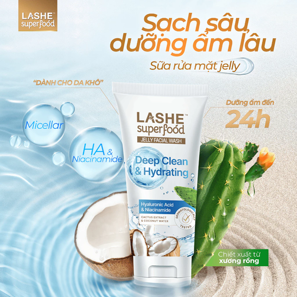  Sữa Rửa Mặt LASHE SUPERFOOD Sạch Sâu, Dưỡng Ẩm Cho Da Khô & Da Nhạy Cảm/Sạch Sâu, Giảm Mụn Cho Da Dầu 120G 