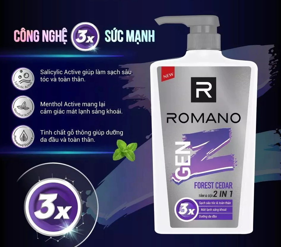  Tắm gội cho nam 2in1 Romano Gen Z hương Sea Breeze/ Forest Cedar 900g/ chai 