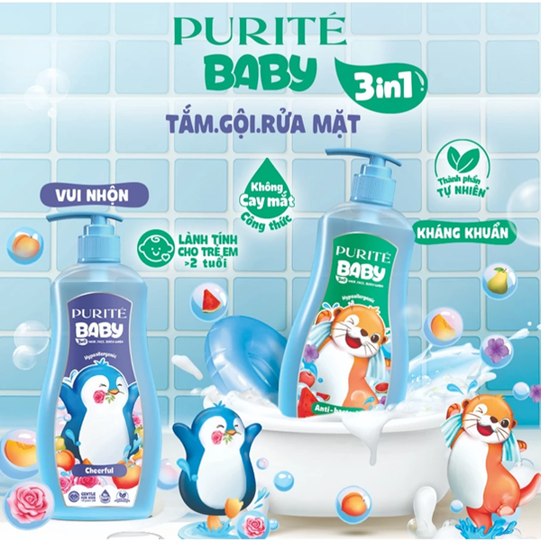  Sữa Tắm Gội Rửa Mặt 3in1 Purité Baby Kháng Khuẩn/ Vui Nhộn 500ML 