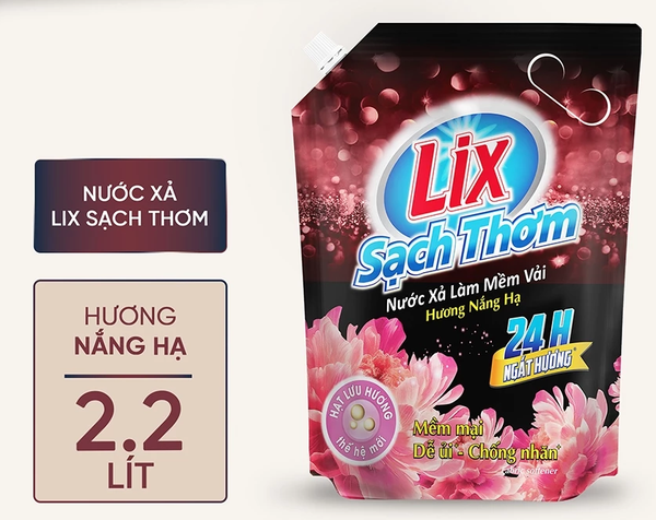  Nước xả làm mềm vải Lix sạch thơm hương nắng hạ 1,8/ 2,2L/ 3,2L 