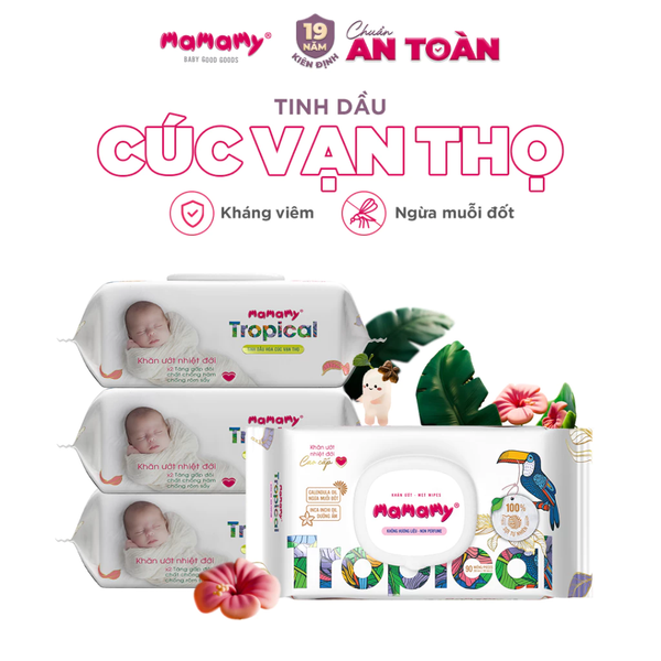  Khăn ướt cao cấp cho bé Mamamy Tropical gói 60-90 tờ 100% sợi tự nhiên và rayon ngừa hăm, mềm dai sạch cực 