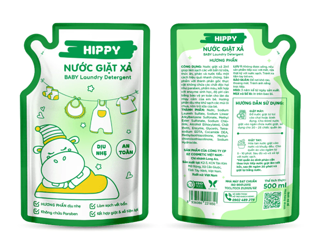  Túi Nước Giặt Xả HIPPY 2in1 Cho Bé Hương Phấn Dịu Nhẹ 500ml sạch vết bẩn, an toàn cho da nhạy cảm 