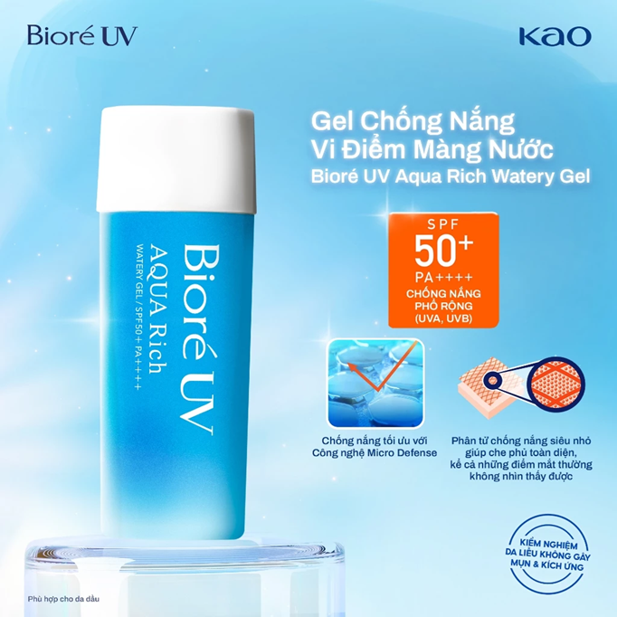  Gel Chống Nắng Màng Nước Dưỡng Ẩm Biore UV Aqua Rich Watery Gel SPF50+/PA++++ 90ml 