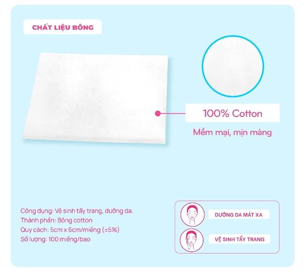  Bông Tẩy Trang Không Ép Biên POP-PUF 100 Miếng Bao Zipper Bông Cotton Mềm Mịn 