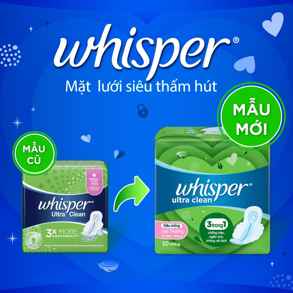  Băng Vệ Sinh WHISPER Ultra CLean Mặt Lưới Cho Ngày Thường 24cm - Gói 10-18 Miếng 