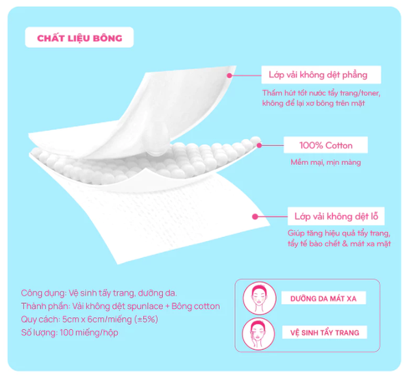  Bông Tẩy Trang 2 Công Dụng POP-PUF 100 Miếng/Hộp Bông Cotton Mềm Mại Dịu Nhẹ Cho Da 