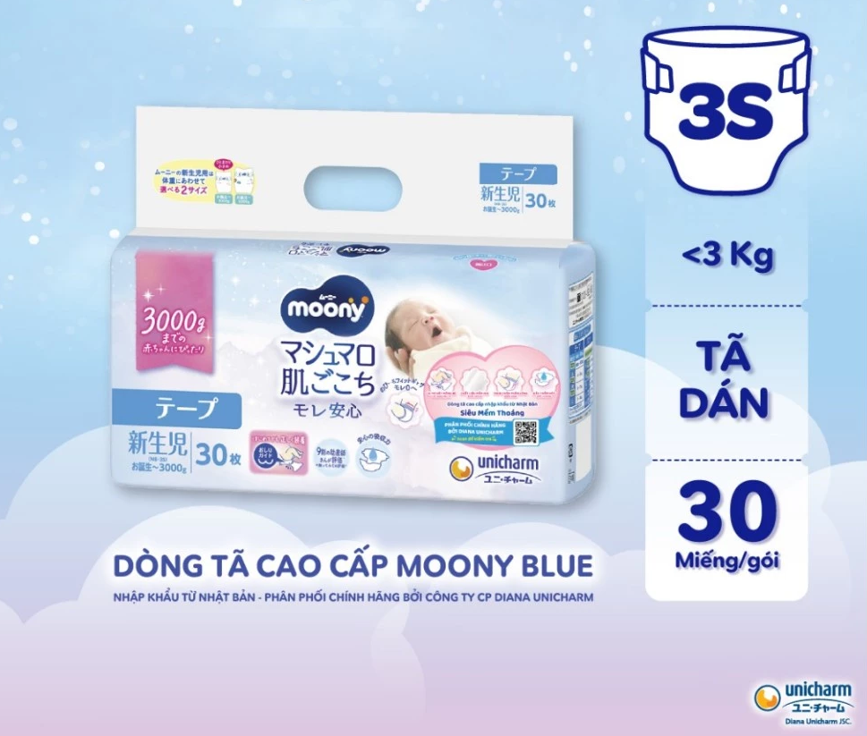 Tã dán cao cấp Moony 3S dành cho trẻ sơ sinh dưới 3 KG NB30 