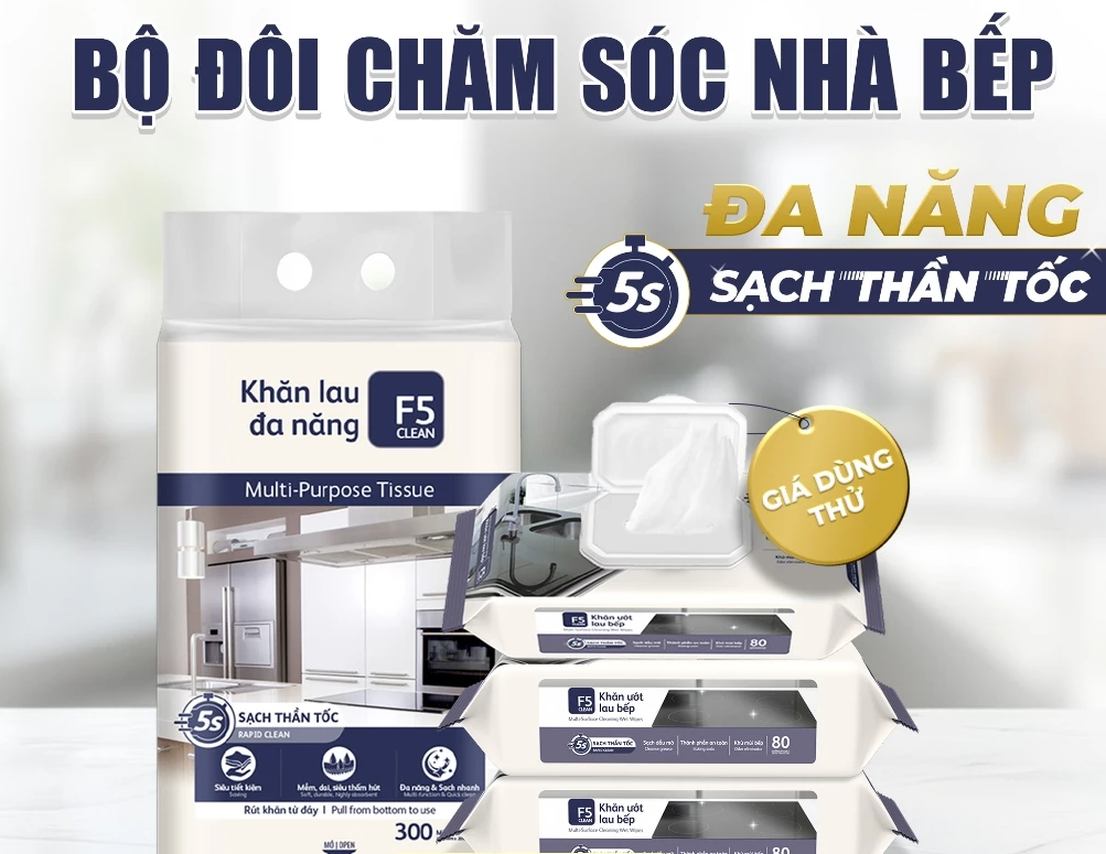  Khăn khô lau bếp F5 Clean 300 tờ lau sạch mọi vết bẩn, không để lại sơ vải, tiện dụng, an toàn cho da tay 