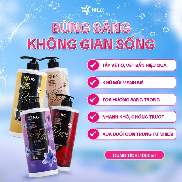  Sữa Tắm Dưỡng Trắng HC - Dưỡng Ẩm Sâu, Sáng Da Tự Nhiên, Lưu Hương Lâu, Nhiều Mùi Hương - 1000ml 