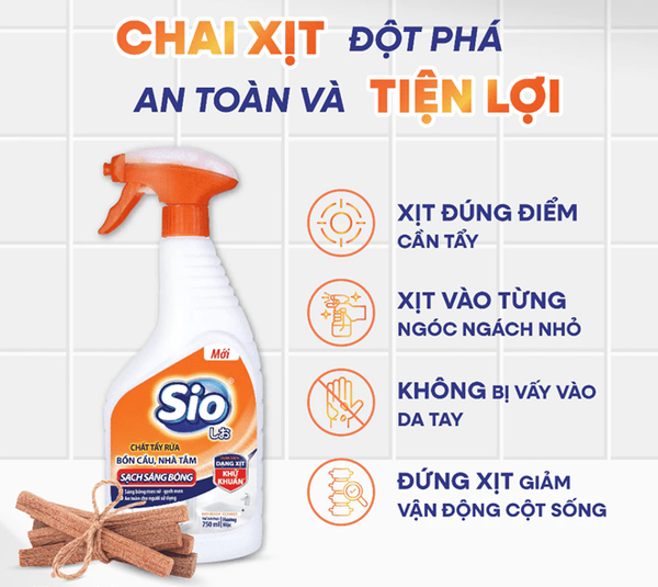  Nước Tẩy Rửa Bồn Cầu, Nhà Tắm SIO 750ml - Dạng chai xịt bọt tuyết, Hương gỗ, sử dụng tiện lợi 